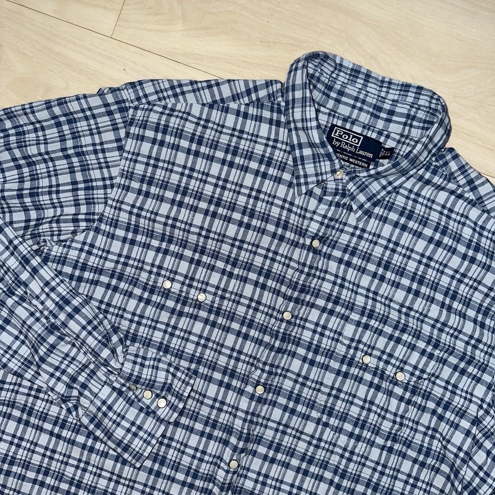 Polo Ralph Lauren Western Pearl Snap Shirt Mens XL Blue Plaid Linen Cotton Blend